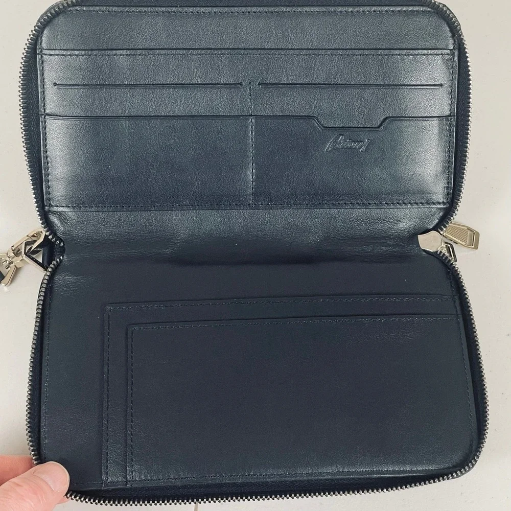 Brioni Blue‎ Saffiano Leather Double Zip Wallet Wristlet Italy Luxury Organizer